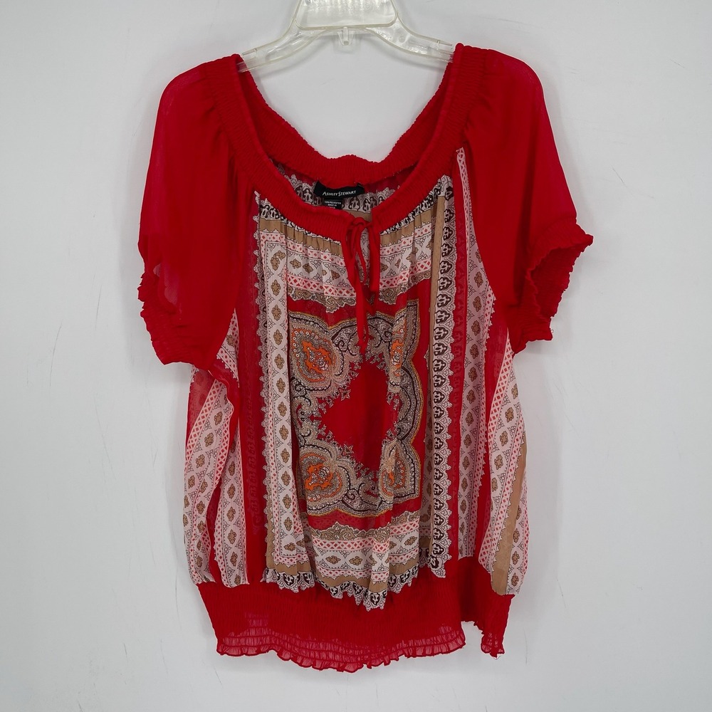 Ashley Stewart Women's Red Paisley Smocked Blouse Size 18/20